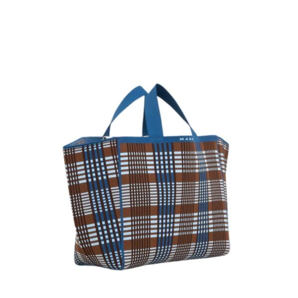MARNI BLUE AND BROWN JACQUARD CHECK SILLO MEDIUM SHOPPER