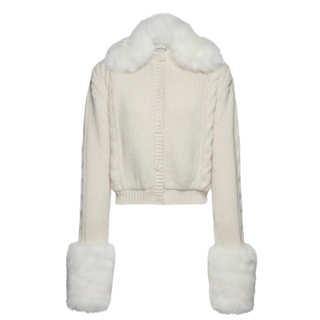 MAGDA BUTRYM FAUX FUR TRIM CABLE KNIT CARDIGAN IN CREAM