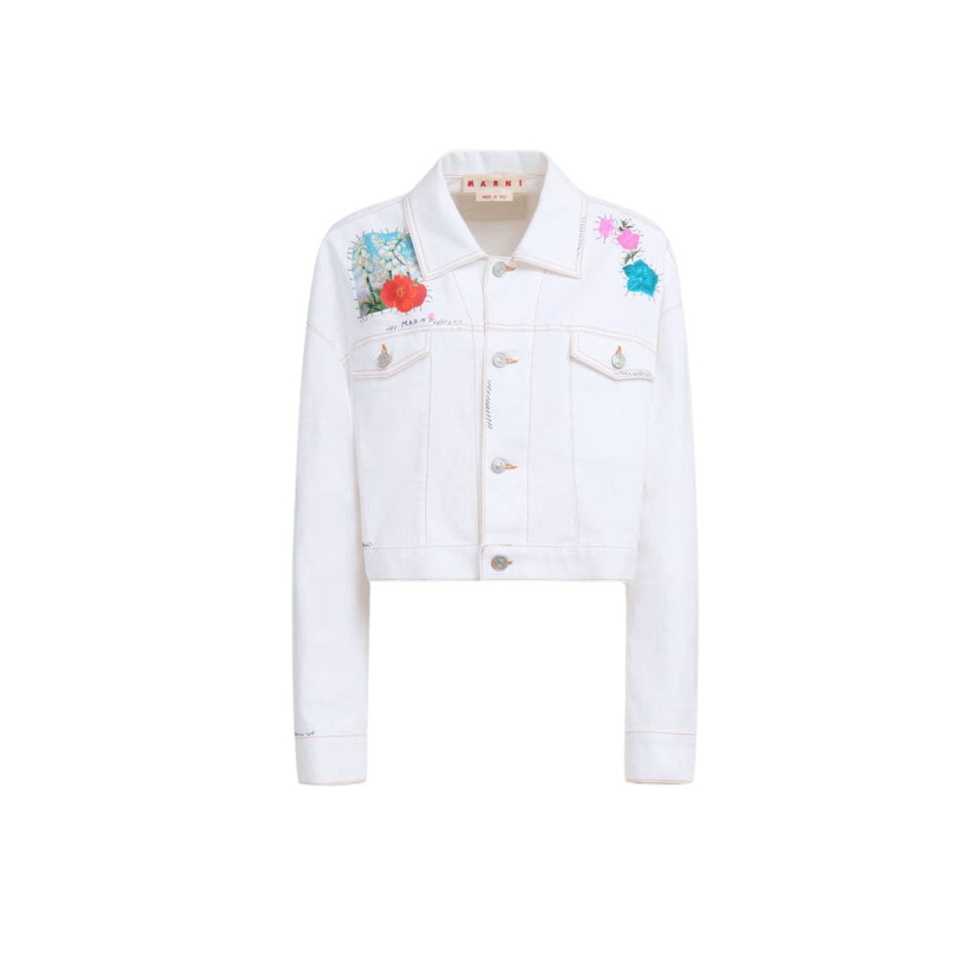 MARNI WHITE DENIM JACKET WITH FLOWER PATCHES