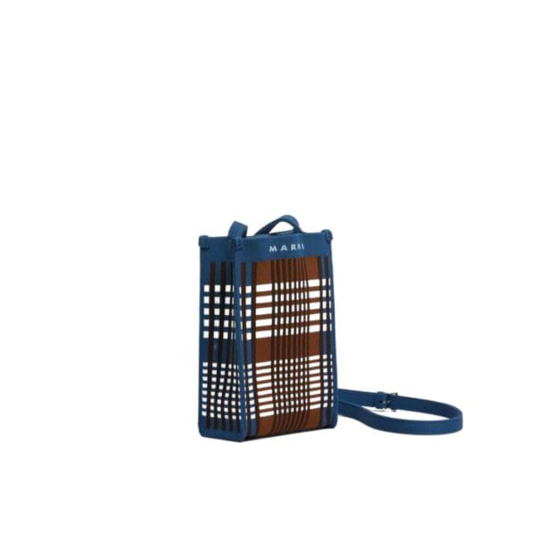 MARNI BLUE AND BROWN JACQUARD CHECK MINI SHOULDER BAG