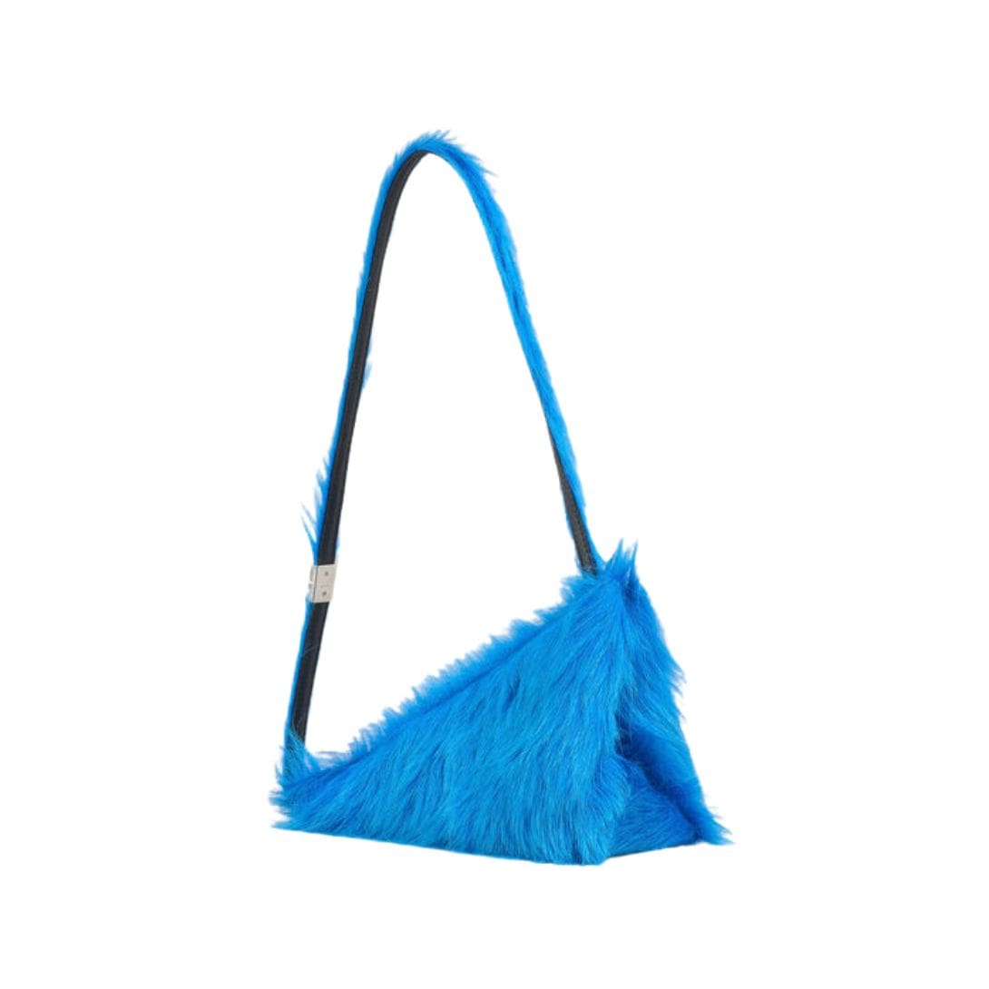 MARNI BLUE LONG HAIR CALFSKIN PRISMA TRIANGLE CROSSBODY BAG