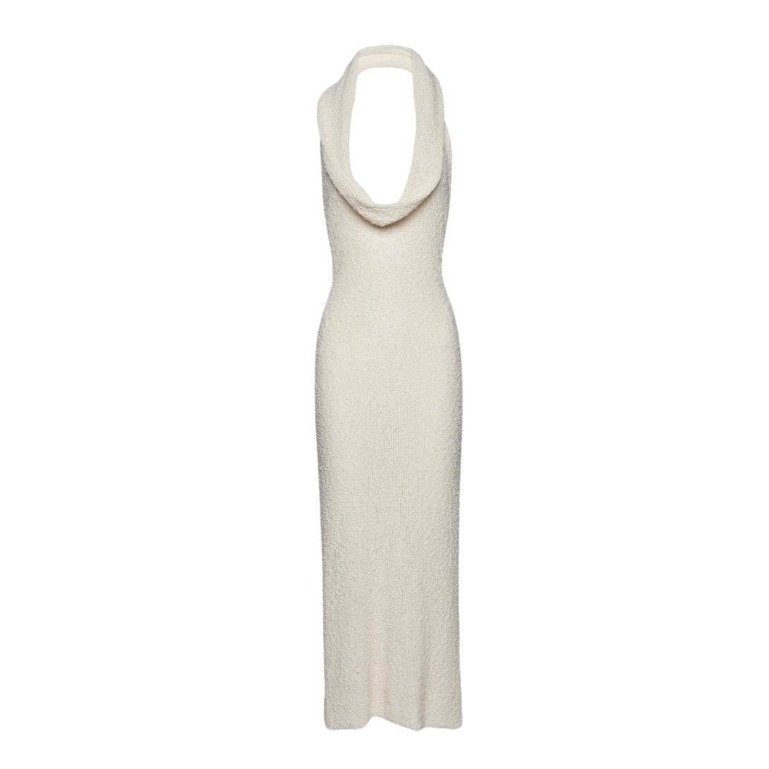 MAGDA BUTRYM BOUCLE KNIT MIDI HALTER DRESS IN CREAM