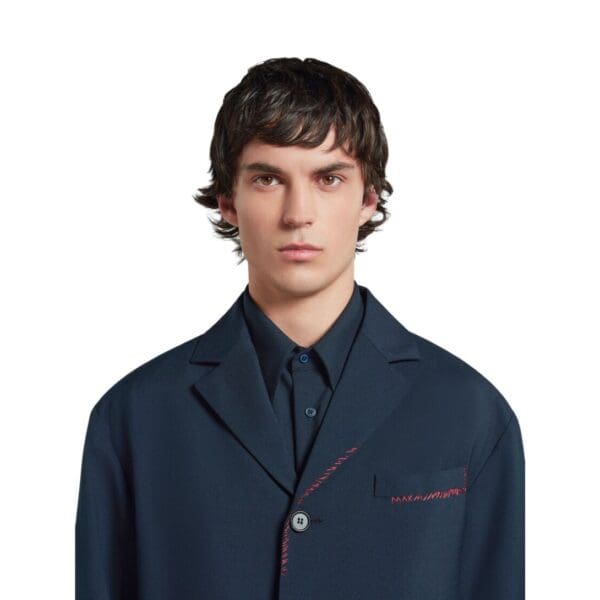 MARNI DEEP BLUE TROPICAL WOOL BLAZER WITH MARNI MENDING