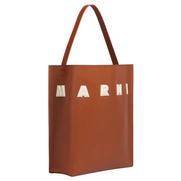 MARNI BROWN AND WHITE LEATHER MUSEO HOBO BAG WITH PATCHES