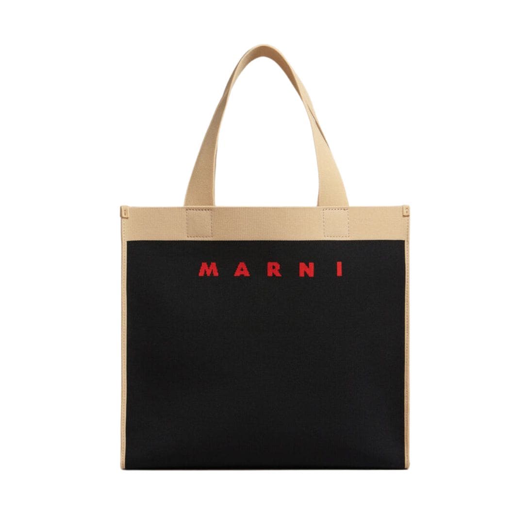 MARNI BLACK AND BEIGE JACQUARD SHOPPING BAG