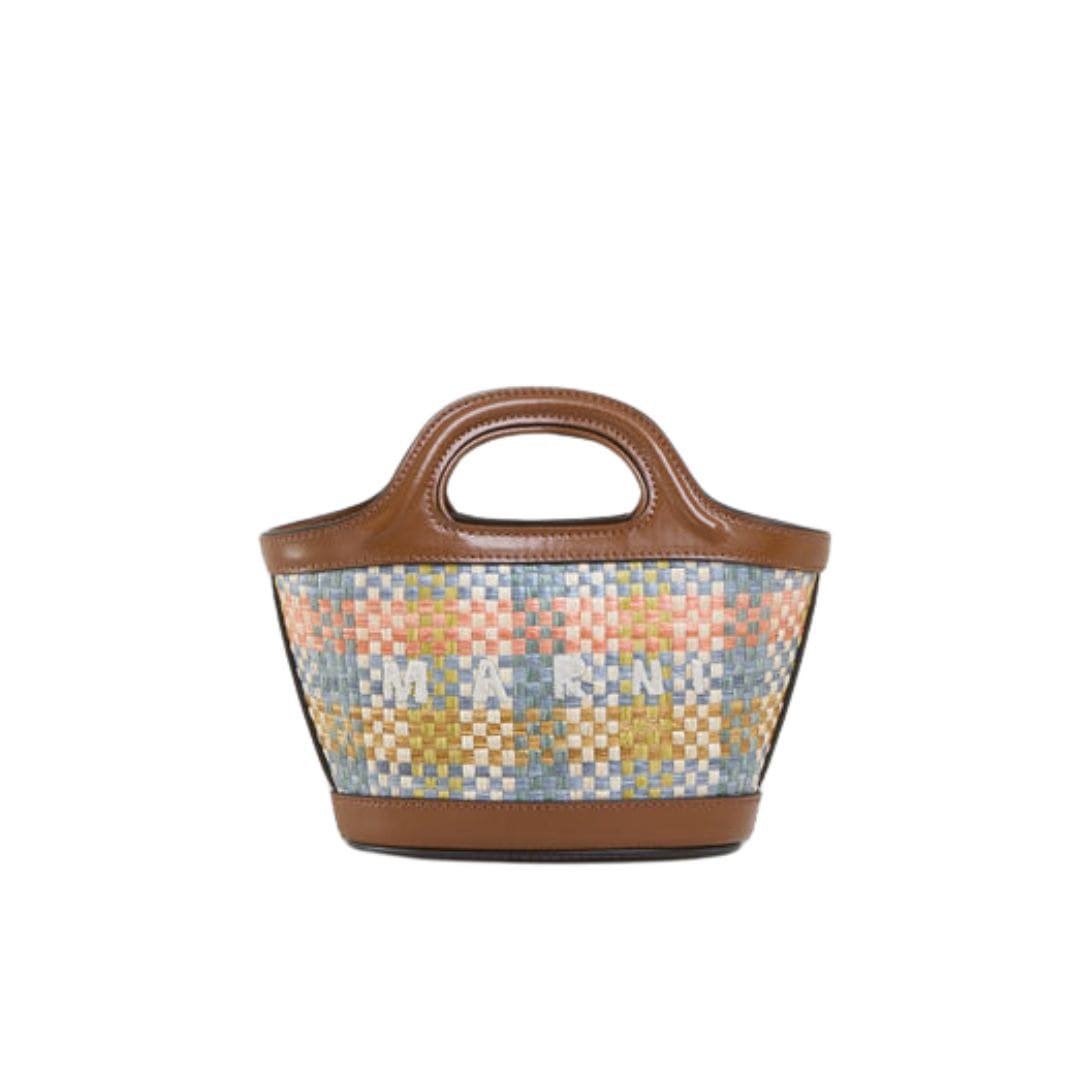 MARNI BROWN LEATHER AND RAFFIA EFFECT FABRIC TROPICALIA MICRO BAG