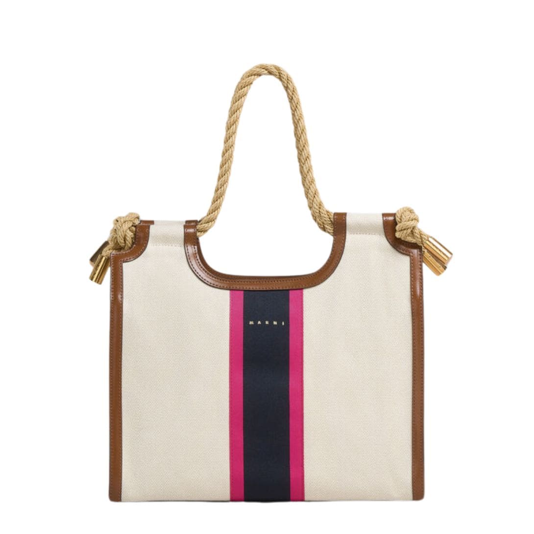 MARNI CREAM CANVAS MARCEL TOTE WITH STRIPED TAPE