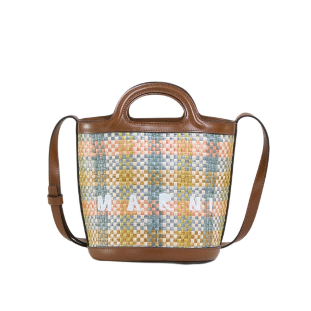 MARNI TROPICALIA SMALL BUCKET BAG IN LEATHER AND CHECKED RAFFIA EFFECT FABRIC