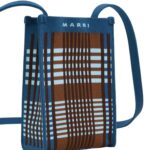 MARNI BLUE AND BROWN JACQUARD CHECK MINI SHOULDER BAG
