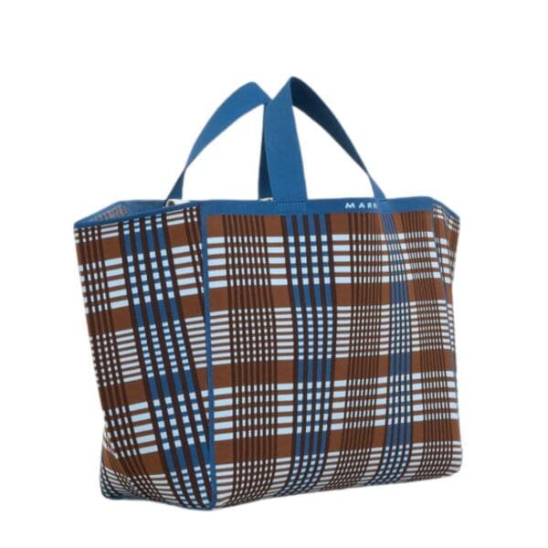 MARNI BLUE AND BROWN JACQUARD CHECK SILLO MEDIUM SHOPPER