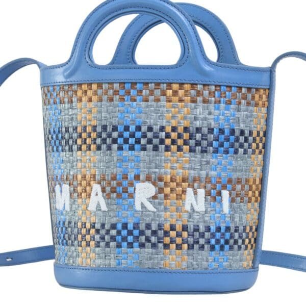 MARNI TROPICALIA SMALL BUCKET BAG IN LEATHER AND CHECKED RAFFIA EFFECT FABRIC