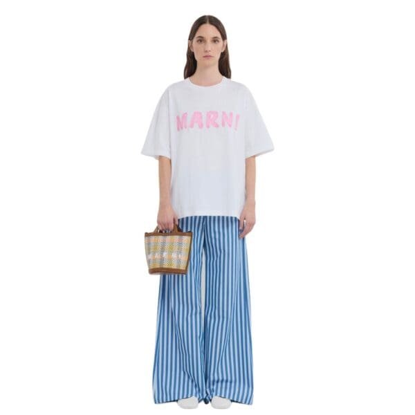 MARNI TROPICALIA SMALL BUCKET BAG IN LEATHER AND CHECKED RAFFIA EFFECT FABRIC