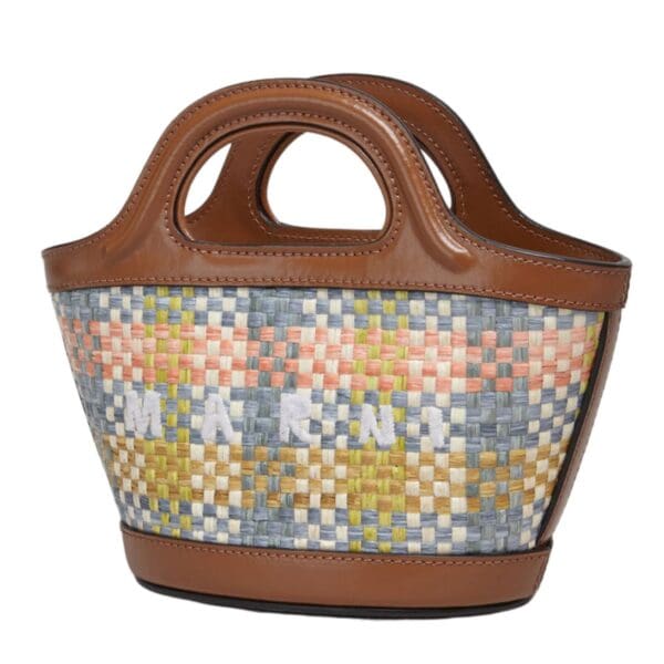 MARNI BROWN LEATHER AND RAFFIA EFFECT FABRIC TROPICALIA MICRO BAG