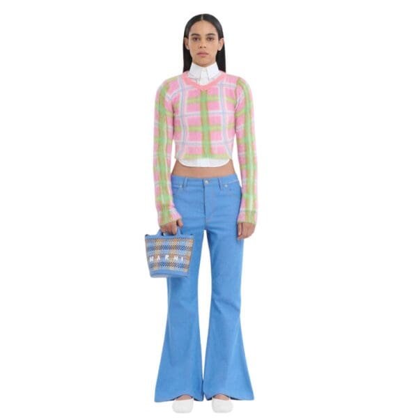 MARNI TROPICALIA SMALL BUCKET BAG IN LEATHER AND CHECKED RAFFIA EFFECT FABRIC