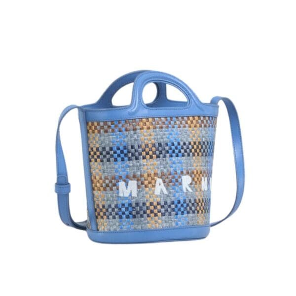 MARNI TROPICALIA SMALL BUCKET BAG IN LEATHER AND CHECKED RAFFIA EFFECT FABRIC