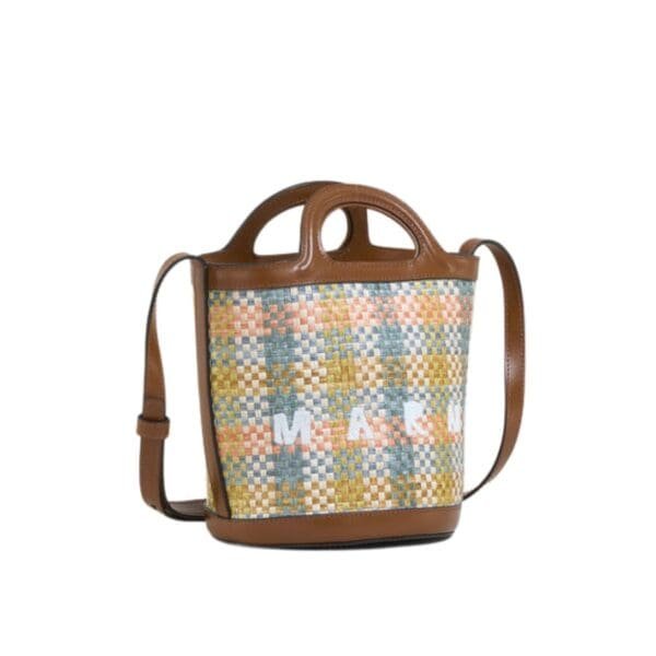 MARNI TROPICALIA SMALL BUCKET BAG IN LEATHER AND CHECKED RAFFIA EFFECT FABRIC