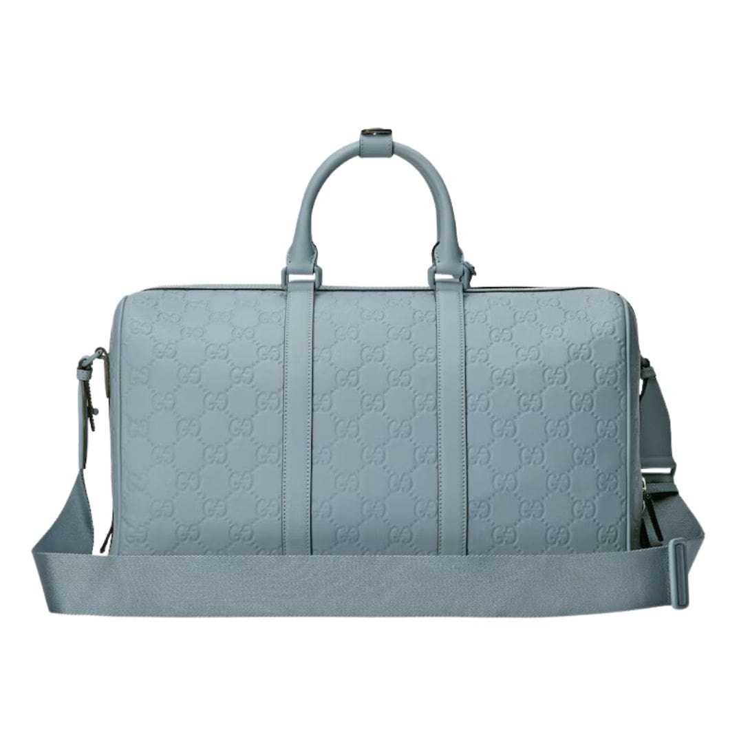 GUCCI GG RUBBER EFFECT MEDIUM DUFFLE BAG IN LIGHT BLUE LEATHER