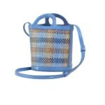 MARNI TROPICALIA SMALL BUCKET BAG IN LEATHER AND CHECKED RAFFIA EFFECT FABRIC
