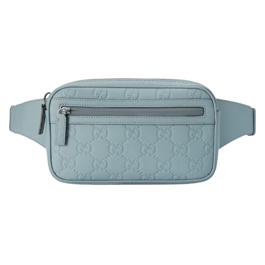 GUCCI GG RUBBER EFFECT BELT BAG IN LIGHT BLUE