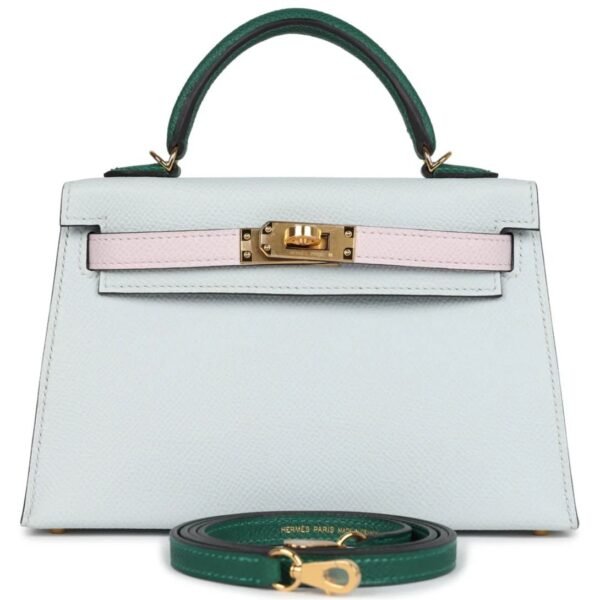 HERMÈS KELLY SELLIER 20 TRI COLOR GRIS PLATINE MAUVE PALE AND VERT MOYEN EPSOM GOLD HARDWARE