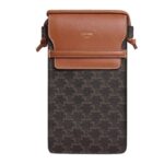 CELINE PHONE POUCH WITH FLAP IN TRIOMPHE CANVAS AND LAMBSKIN TAN