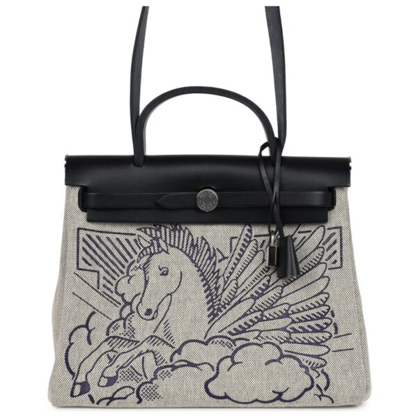 HERMÈS HERBAG ZIP PEGASE POP PM 31 ECRU TOILE H CANVAS AND BLACK HUNTER PALLADIUM HARDWARE