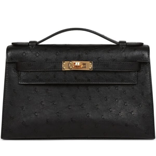 HERMÈS KELLY POCHETTE BLACK OSTRICH GOLD HARDWARE
