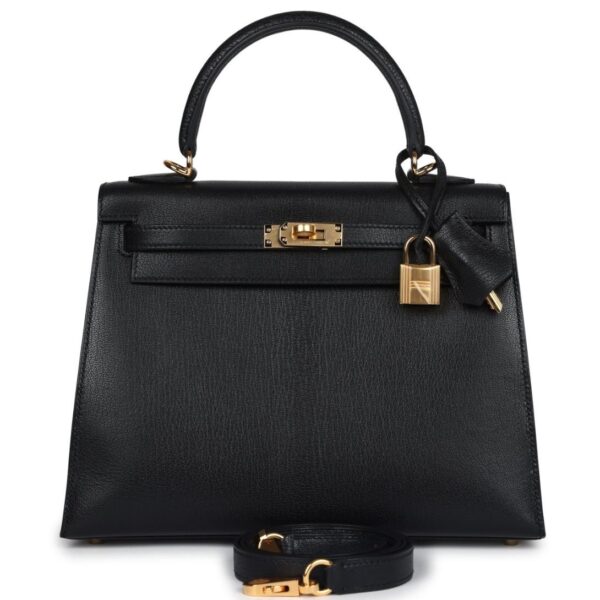HERMÈS KELLY SELLIER 25 BLACK CHEVRE MYSORE GOLD HARDWARE