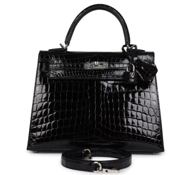 HERMÈS KELLY SELLIER 25 BLACK SHINY NILOTICUS CROCODILE PALLADIUM HARDWARE