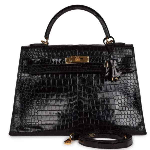 VINTAGE HERMÈS KELLY SELLIER 32 BLACK SHINY POROSUS CROCODILE GOLD HARDWARE