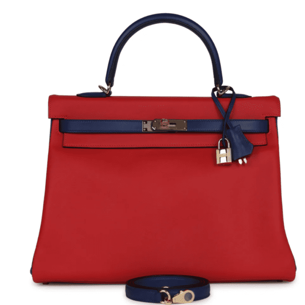 HERMÈS SPECIAL ORDER (HSS) KELLY RETOURNE 35 VERMILLON AND BLEU SAPHIR SWIFT PERMABRASS HARDWARE