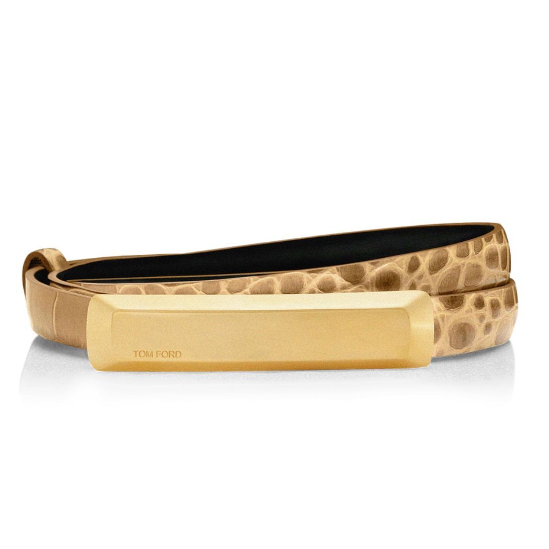 1-1717.jpg TOM FORD STAMPED CROCODILE LEATHER 15 MM BAR BELT SAFARI BEIGE