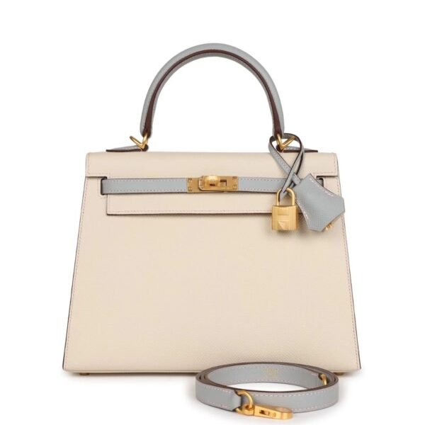 HERMÈS SPECIAL ORDER (HSS) KELLY SELLIER 25 CRAIE AND BLEU GLACIER EPSOM BRUSHED GOLD HARDWARE
