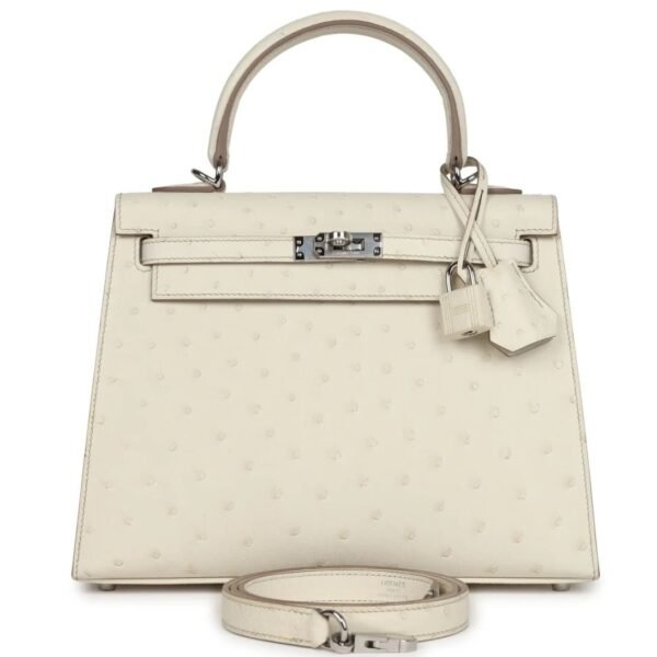 HERMÈS KELLY SELLIER 25 BETON OSTRICH PALLADIUM HARDWARE