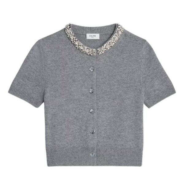 CELINE EMBROIDERED CROPPED CARDIGAN IN CASHMERE MEDIUM GREY