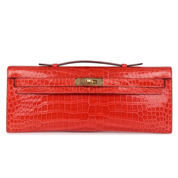 HERMÈS KELLY CUT ORANGE POPPY SHINY POROSUS CROCODILE GOLD HARDWARE