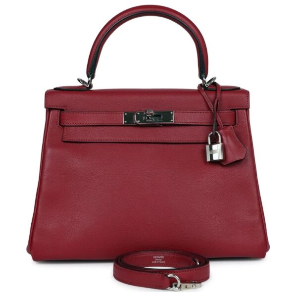 PRE-OWNED HERMÈS KELLY RETOURNE 28 ROUGE GRENAT EVERCOLOR PALLADIUM HARDWARE