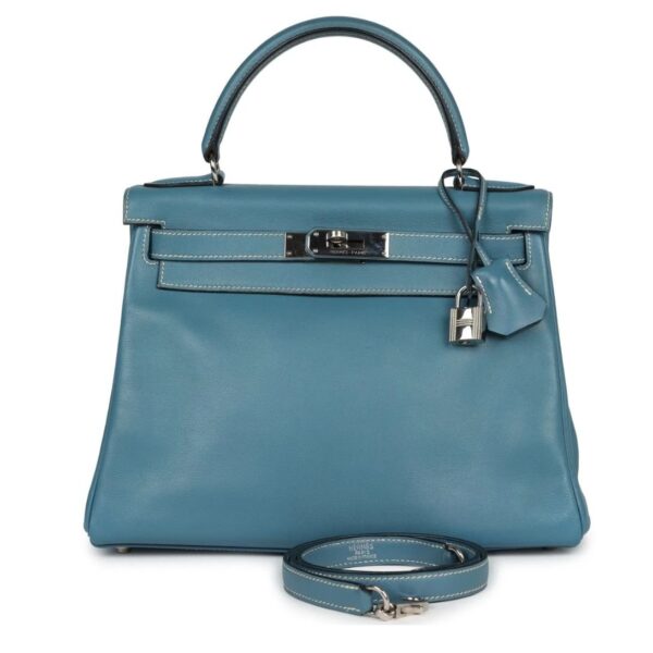 VINTAGE HERMÈS KELLY RETOURNE 28 BLUE JEAN GULLIVER PALLADIUM HARDWARE