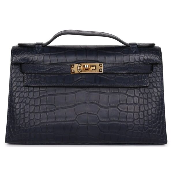 HERMÈS KELLY POCHETTE BLEU INDIGO MATTE ALLIGATOR GOLD HARDWARE
