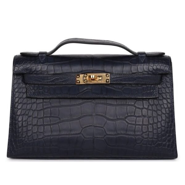 HERMÈS KELLY POCHETTE BLEU INDIGO MATTE ALLIGATOR GOLD HARDWARE