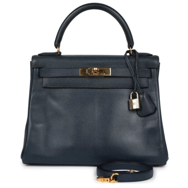 VINTAGE HERMÈS KELLY RETOURNE 28 BLEU MARINE COURCHEVEL GOLD HARDWARE