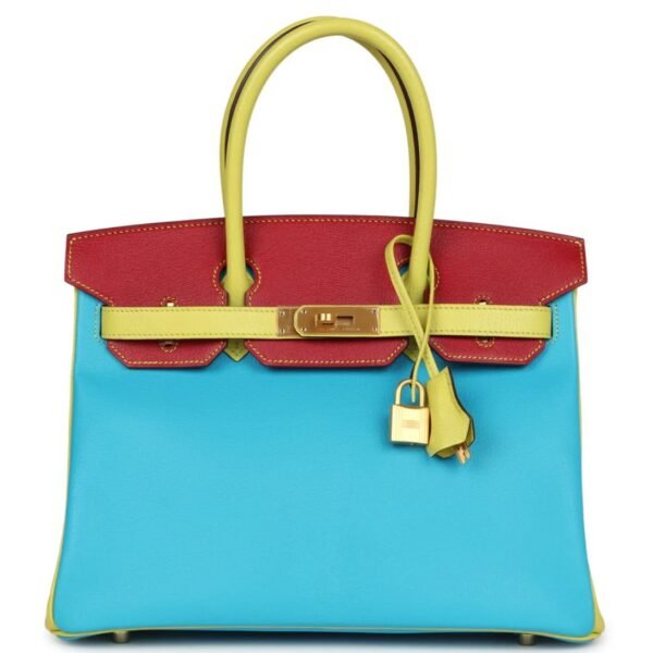 HERMÈS SPECIAL ORDER HSS TRI COLOR BIRKIN 30 BLEU AZTEC SOUFRE AND ROUGE VIF CHEVRE BRUSHED GOLD HARDWARE