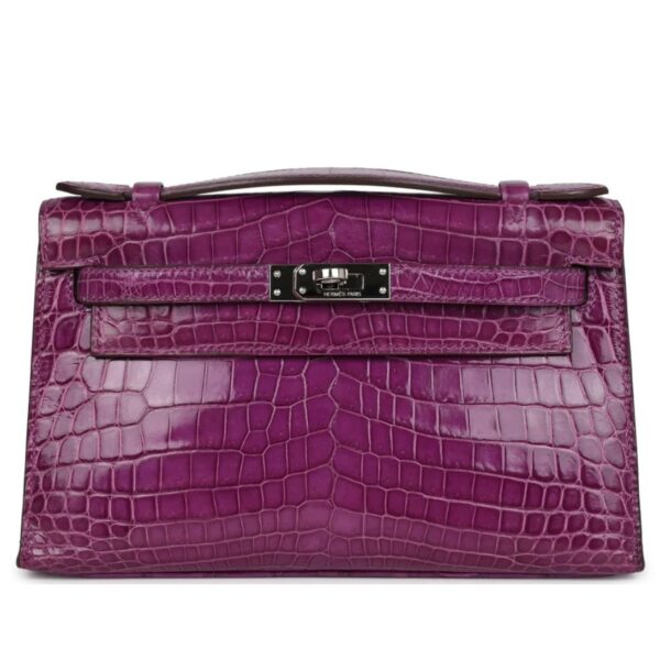 PRE-OWNED HERMÈS KELLY POCHETTE VIOLET SHINY NILOTICUS CROCODILE PALLADIUM HARDWARE