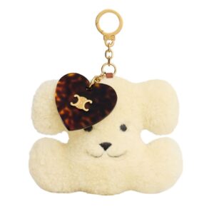 CELINE TRIOMPHE POM POM KEYRING WITH HEART IN SHEARLING AND ACETATE WITH GOLD FINISHING