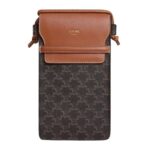 CELINE PHONE POUCH WITH FLAP IN TRIOMPHE CANVAS AND LAMBSKIN TAN