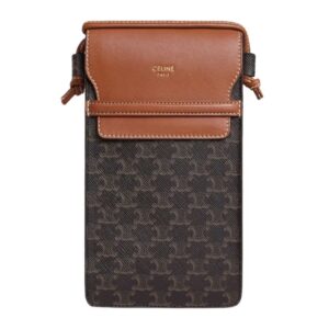 CELINE PHONE POUCH WITH FLAP IN TRIOMPHE CANVAS AND LAMBSKIN TAN