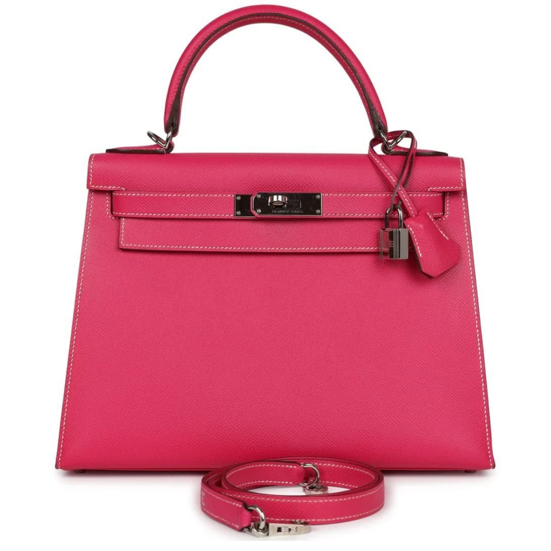 PRE-OWNED HERMÈS KELLY SELLIER 28 ROSE TYRIEN EPSOM PALLADIUM HARDWARE