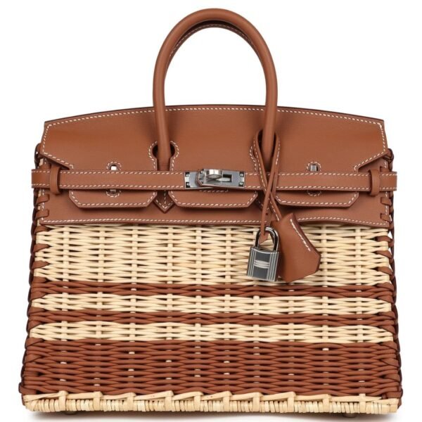 HERMÈS PICNIC BIRKIN 25 GOLD SWIFT AND STRIPE WICKER PALLADIUM HARDWARE
