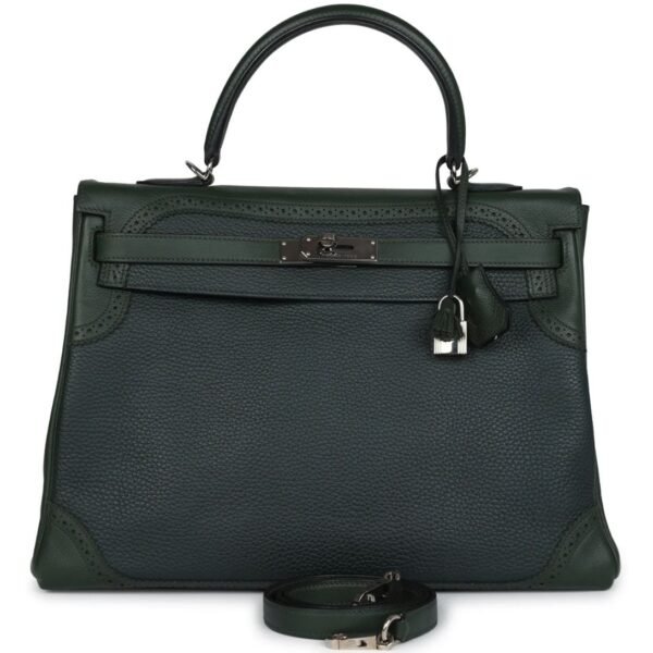 PRE-OWNED HERMÈS GHILLIES KELLY 35 RETOURNE VERT FONCE CLEMENCE AND VERT ANGLAIS EVERCOLOR PALLADIUM HARDWARE