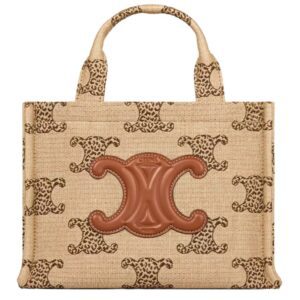 CELINE SMALL CABAS THAIS IN RAFFIA EFFECT TEXTILE WITH LEOPARD TRIOMPHE
